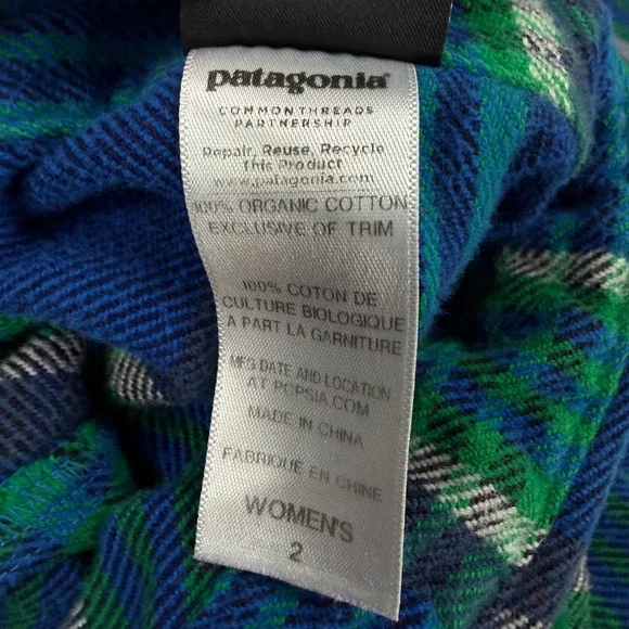 Patagonia Womens 2 Organic Cotton Flannel Plaid Button Down Shirt Blue Green - Picture 6 of 16